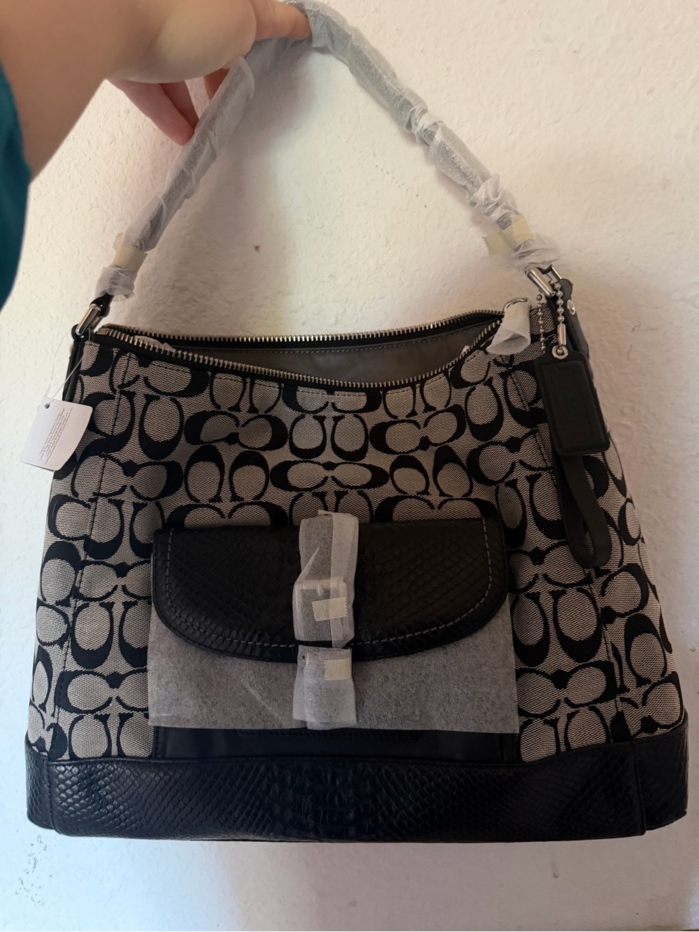 Coach Black and Cream Signature Shoulder Bag